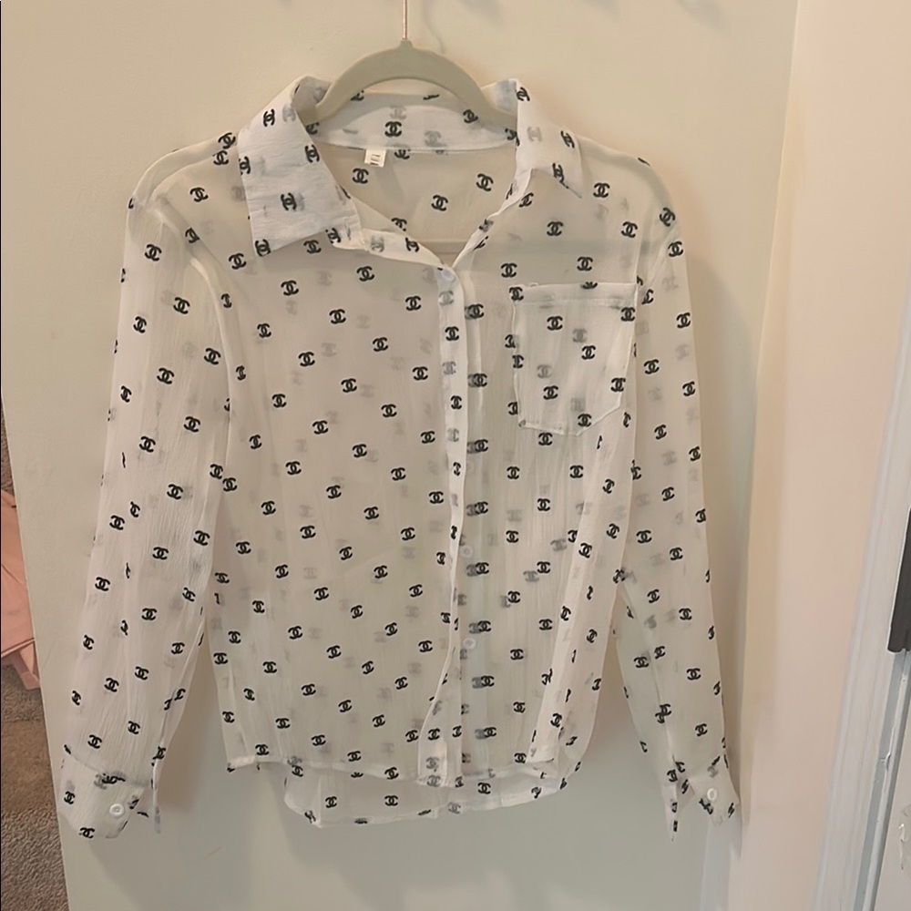 Look alike Chanel Sheer White Blouse with Black Logo Pattern